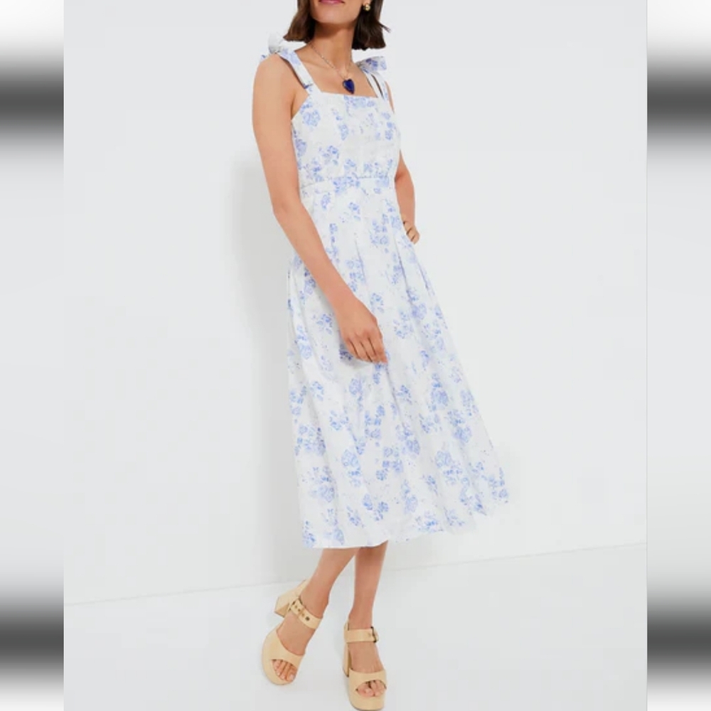 Hyacinth House Tuckernuck Dress Women's L White Blue Floral Chintz Teagan Midi - Picture 2 of 10